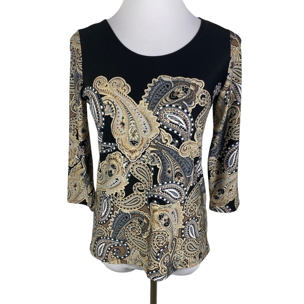 Double Take Petite Vintage‎ Paisley 3/4 Sleeve Blouse Women's MP Black Tan